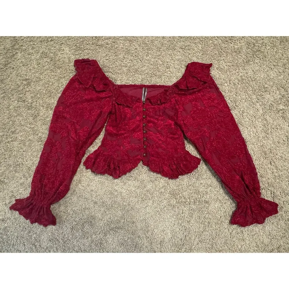 Anthropologie Red Velvet Burnout Peasant Blouse Romantic Cottagecore Top Sz S